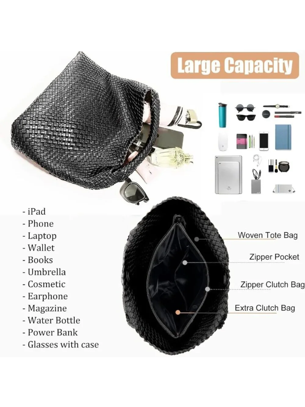Stylish Woven Tote Bag with Purse - Large Handmade Shoulder Hobo Commuter Bag